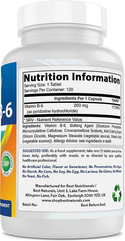 Best Naturals Vitamin b6 200mg for Adults, 120 Tablets (120 Count (Pack of 1))