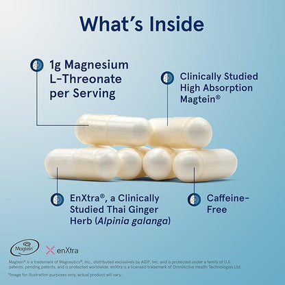 Jarrow Formulas Magnesium L-Threonate, MagMind Productivity, High Absorption Magnesium, Brain Supplements for Memory and Focus, 60 Veggie Capsules, Up to a 30 Day Supply