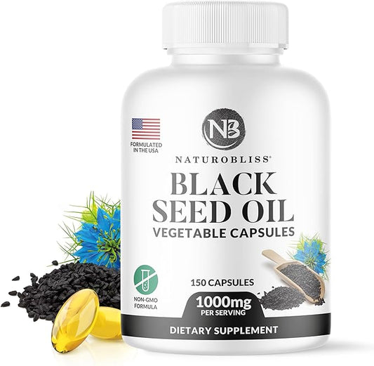 NaturoBliss Black Seed Oil - 150 Softgel Capsules Skin Health (Non-GMO & Vegan) Premium Cold-Pressed Nigella Sativa Producing Pure Black Cumin Seed Oil - 1000mg Per 2 Capsule Serving - 75 Servings