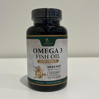 Triple Strength Omega 3 Fish Oil Supplement, EPA & DHA Fish Oil Omega 3 Essential Fatty Acids Supplement Softgels, 2400mg Brain & Heart Health Support Supplements - Gluten Free, Non-GMO, 60 Softgels