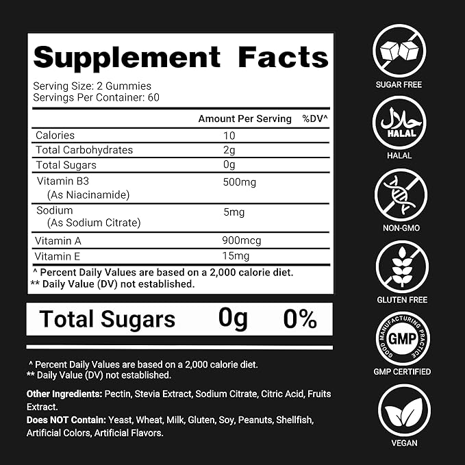 Vitamin B3 Gummies Niacinamide 500mg - 120 Gummies Supplement For Adults + Vitamins A & E – Flush Free Niacin 500mg for Skin, Energy & Metabolism – Vegan, Non-GMO, Sugar Free – 2-Month Supply