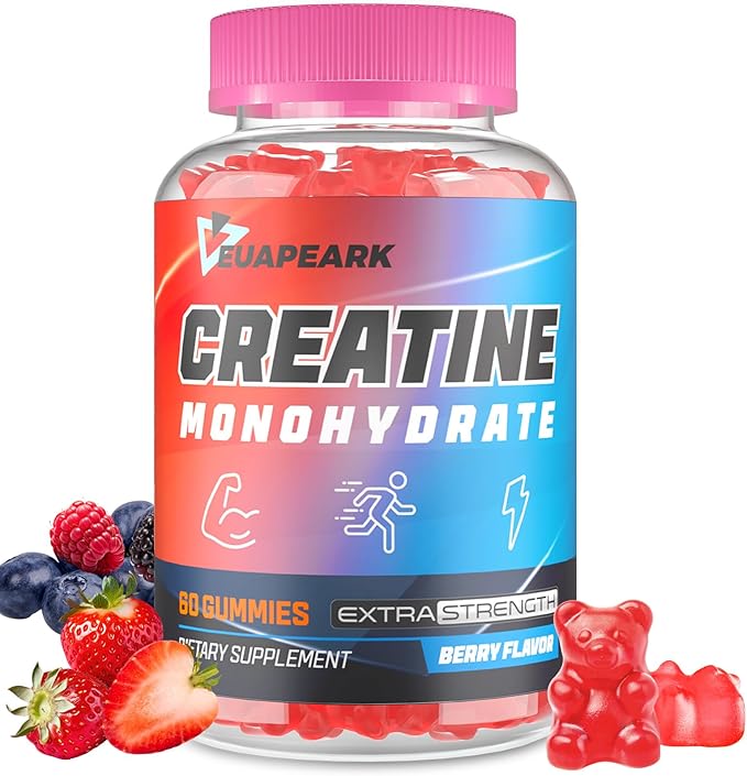 Creatine Monohydrate Gummies, Pre-Workout Chewables Supplement for Women and Men, Creatine Monohydrate with Taurine & B6 - for Muscle, Strength, Endurance & Energy, Vegan (Berry, 60 Gummies)