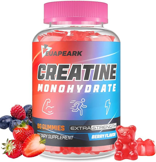Creatine Monohydrate Gummies, Pre-Workout Chewables Supplement for Women and Men, Creatine Monohydrate with Taurine & B6 - for Muscle, Strength, Endurance & Energy, Vegan (Berry, 60 Gummies)