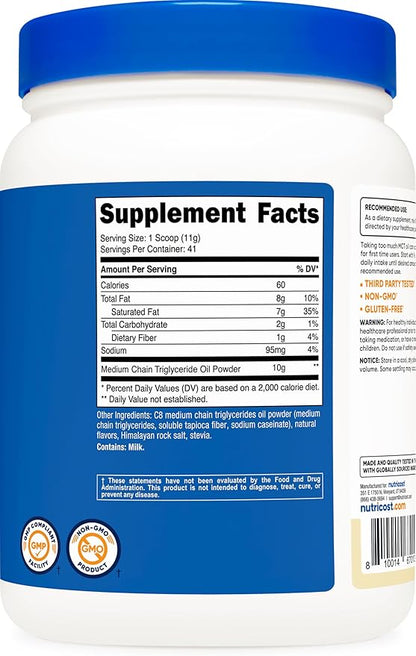 Nutricost C8 MCT Oil Powder 1LB (16oz) Vanilla Flavor - 95% C8 MCT Oil Powder, Best for Keto Diets, Non-GMO, Gluten Free