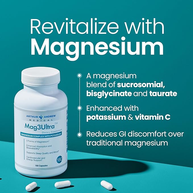 Arthur Andrew Medical, Mag3Ultra Triple Magnesium Supplement, Sucrosomial, Bisglycinate, Taurate for Muscle, Stress, Mood, Nerve, Bone & Heart Support, 180 Capsules
