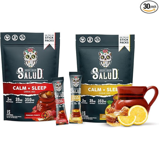 Salud 2-Pack | 2-in-1 Calm + Sleep (Punch) & Calm + Sleep (Lemon Honey) – 15 Servings Each, Drink Mix, Dairy & Soy Free, Non-GMO, Gluten Free, Vegan, Low Calorie, 1g of Sugar