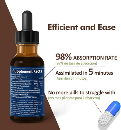 Thyroid Support Drops - Liquid Iodine Supplement, Gotas de YODO y Selenio para Tiroides, Con Rodiola Semenovii y Ortiga, Fight Brain Fog w/Ashwagandha & Rhodiola Extract Tincture.2 oz