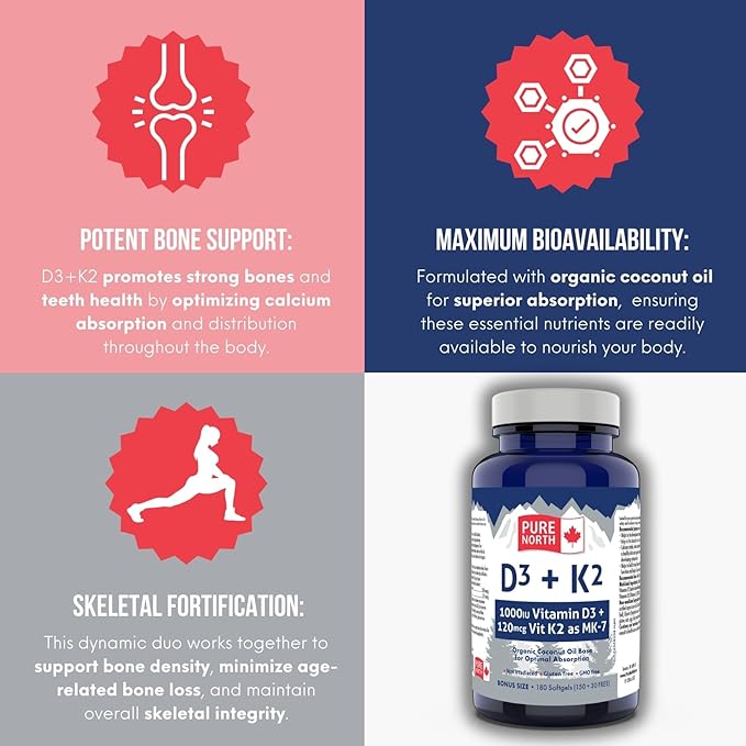 D3 + K2 Vitamin Supplement 180 Softgels - 6 Months Support, D3 1000IU + K2 MK7 120mcg with Organic Coconut Oil for Optimal Absorption - 3rd Party Tested & Proudly Canadian