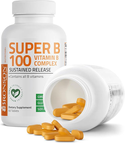 Bronson Vitamin B 100 Complex High Potency Sustained Release (Vitamin B1, B2, B3, B6, B9 - Folic Acid, B12), 60 Tablets