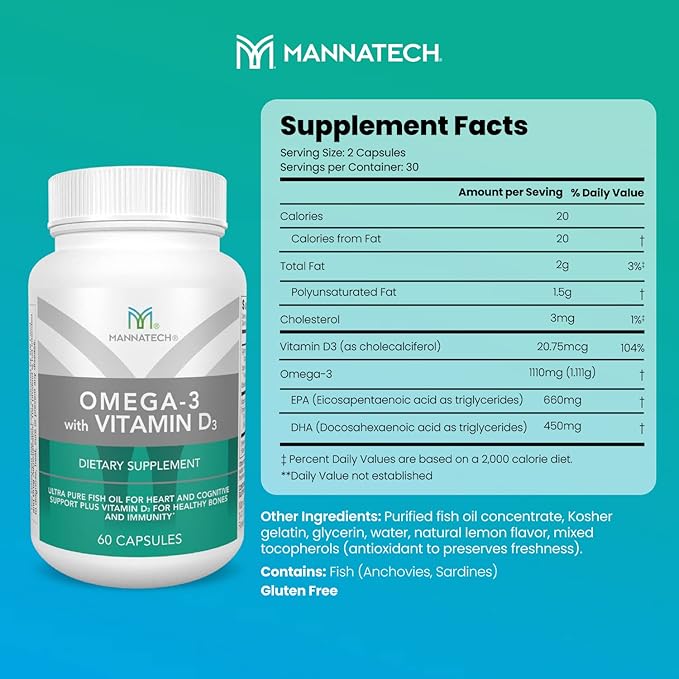 Mannatech Omega-3 with Vitamin D3 for Bone, Heart Health and Cognitive Support, Made of Pure Fish Oil
