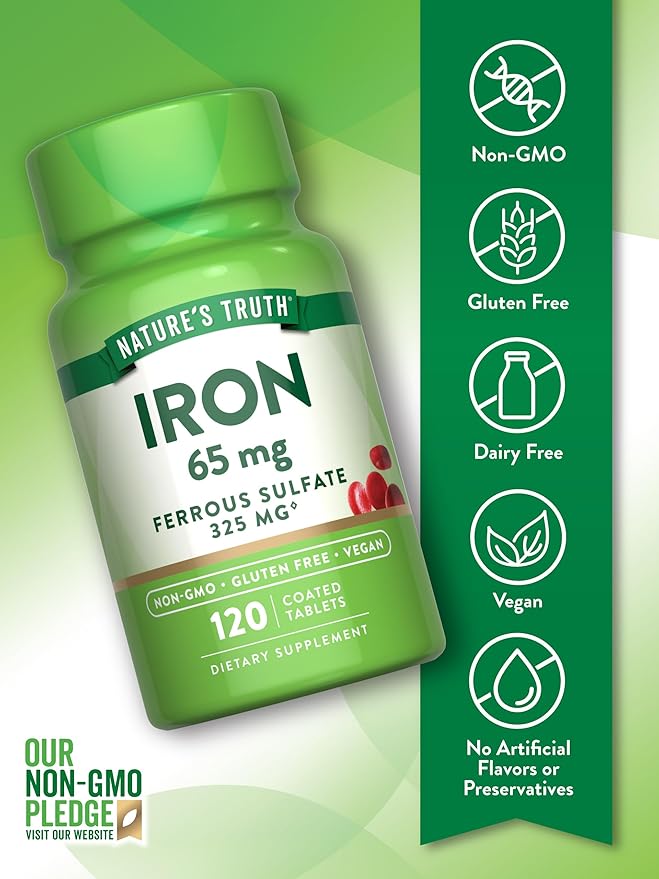 Nature's Truth Iron Supplement | 65mg | 120 Tablets | 325mg Ferrous Sulfate | Non-GMO & Gluten Free Pills