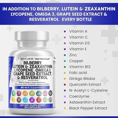 Clean Nutra Eye Vitamins with Bilberry Lutein and Zeaxanthin Supplements Lycopene 40mg Resveratrol Grape Seed Astaxanthin for Eyes - Eye Care Health Support Eye Vitamin and Mineral Supplement