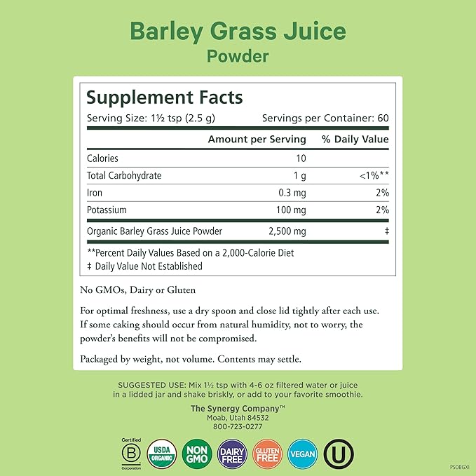 PURE SYNERGY Organic Barley Grass Juice Powder | Chlorophyll-Rich Greens Powder | Organic Cold-Pressed Barley Grass Juice | for Energy, Detox, and Digestion Support (5.3 oz.)
