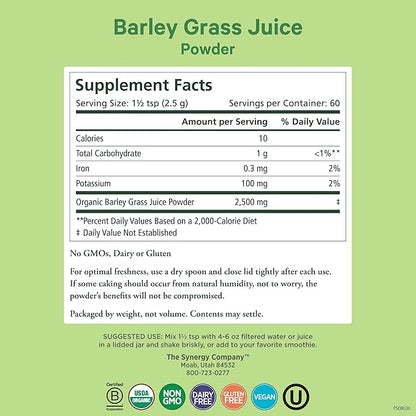 PURE SYNERGY Organic Barley Grass Juice Powder | Chlorophyll-Rich Greens Powder | Organic Cold-Pressed Barley Grass Juice | for Energy, Detox, and Digestion Support (5.3 oz.)
