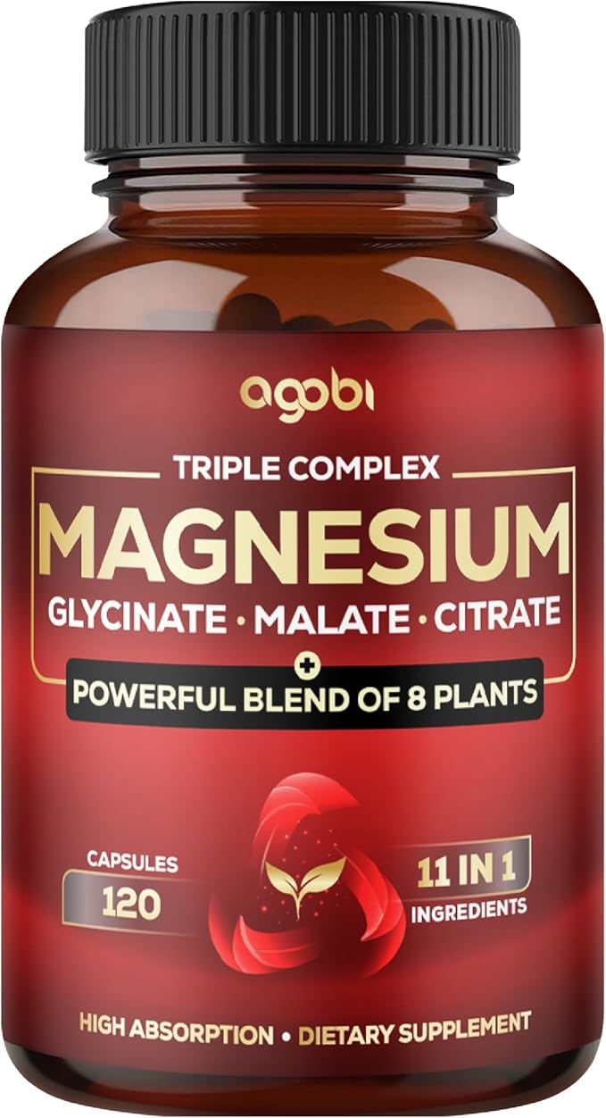 Magnesium Triple Complex - 600mg Magnesium Glycinate, Malate & Citrate - Added Spinach, Swiss Chard & Others - Support Calm, Restful Mood & Muscle Cramp - 120 Capsules