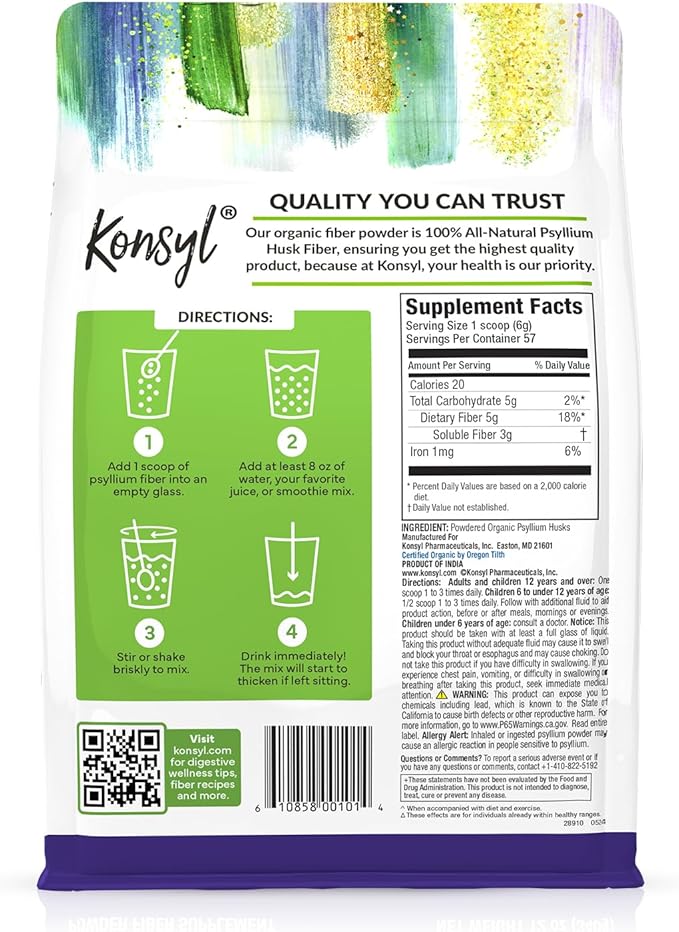Konsyl Organic Psyllium Husk Powder, 5g of Plant Based Soluble Fiber per Serving – USDA Organic, Non-GMO, Gluten Free, Sugar Free, Vegan, 12 Ounce (Pack of 1)