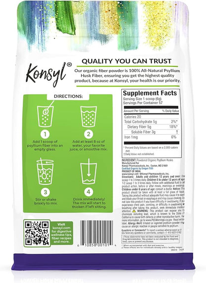 Konsyl Organic Psyllium Husk Powder, 5g of Plant Based Soluble Fiber per Serving – USDA Organic, Non-GMO, Gluten Free, Sugar Free, Vegan, 12 Ounce (Pack of 1)
