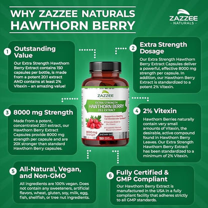 Zazzee Extra Strength Hawthorn Berry 20:1 Extract, 8000 mg Strength, 2% Vitexin, 150 Vegan Capsules, 5 Month Supply, Concentrated and Standardized Potent 20X Extract, Non-GMO and All-Natural