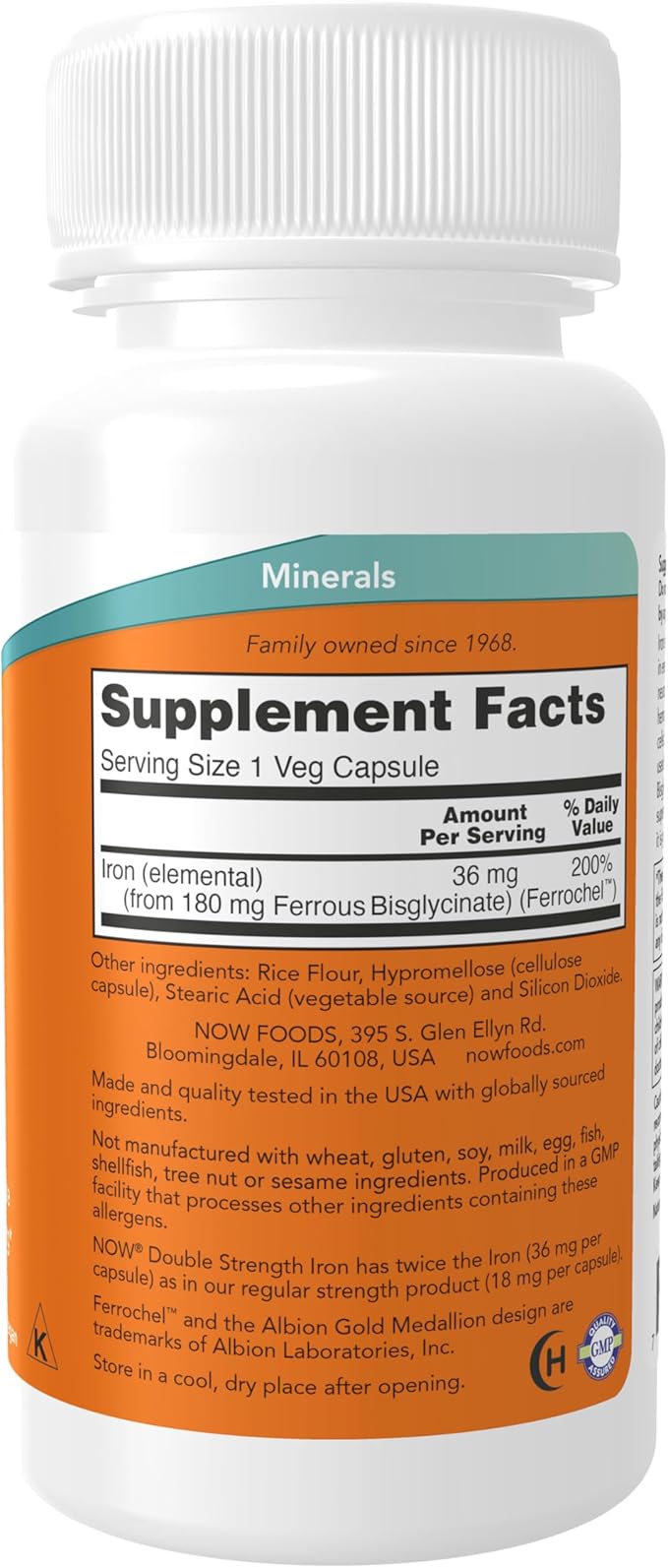NOW Supplements, Iron 36 mg, Double Strength, Non-Constipating*, Essential Mineral, 90 Veg Capsules