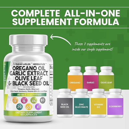Clean Nutra Oregano Oil with Black Seed Oil Garlic Olive Leaf Extract - Oil of Oregano Capsules Immune Support Carvacrol & Thymoquinone Supplement for Women and Men + Elderberry Vitamin D3 & Zinc