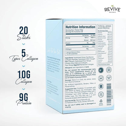 Multi Collagen Protein Powder Packets - Types I, II, III, V & X - Hydrolyzed Grass Fed Bovine, Wild Caught Fish, & Free-Range Chicken & Eggshell Collagen. Non-GMO, Halal, (10g Each, 20 Packets)