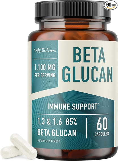 Beta Glucan Supplement 1100mg for Immunity, Skin & Gut Support | 1,3D & 1,6 Beta Glucans Extra Strength Formula | 85% Concentrated & Over 500mg Per Capsule | Non-GMO, Vegan, Gluten-Free 60ct