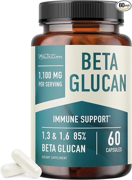 Beta Glucan Supplement 1100mg for Immunity, Skin & Gut Support | 1,3D & 1,6 Beta Glucans Extra Strength Formula | 85% Concentrated & Over 500mg Per Capsule | Non-GMO, Vegan, Gluten-Free 60ct