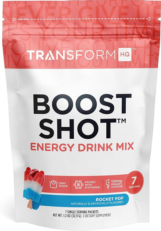 TransformHQ Boost Shot Powder Drink Stick Packets, Rocket Pop, 7 Pack, Energy Supplements for Women & Men, with Caffeine, Vitamin B12, B9, B6 & B3