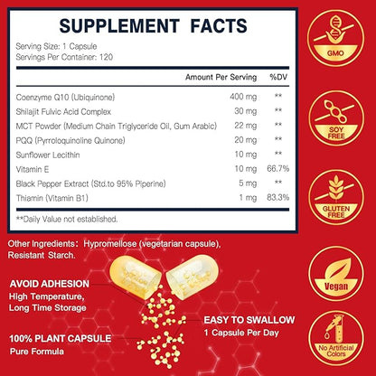 CoQ10 400mg-High Absorption Coenzyme Q10 Supplements with PQQ, Shilajit & Vitamin E, Powerful Antioxidant for Heart & Brain Health and Energy-Production 120 Veggie Capsules
