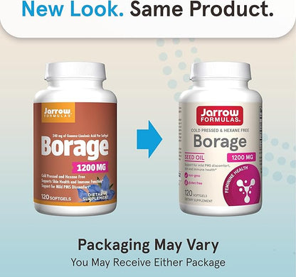 Jarrow Formulas Borage 1200 mg - 120 Softgels - Source of GLA - Borage Oil Supplement - For Skin Health & Immune System Support, Mild PMS Discomfort Support - Up to 120 Servings