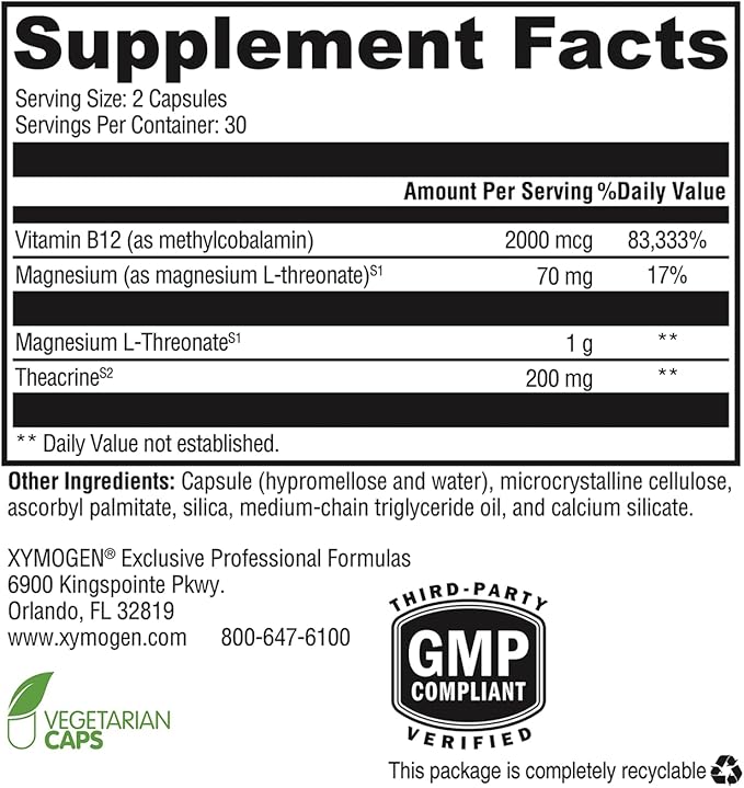 XYMOGEN Cogniquil - Support for Clarity, Focus, Motivation, Mental and Physical Energy - Magnesium L-Threonate to Supply Bioavailable Magnesium to The Brain, Theacrine + Vitamin B12 (60 Capsules)