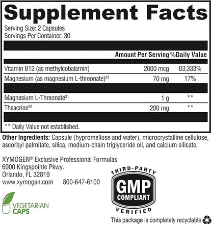XYMOGEN Cogniquil - Support for Clarity, Focus, Motivation, Mental and Physical Energy - Magnesium L-Threonate to Supply Bioavailable Magnesium to The Brain, Theacrine + Vitamin B12 (60 Capsules)