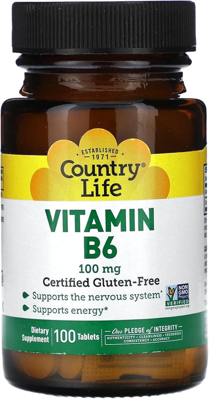 Country Life Vitamin B-6, Supports Energy and The Nervous System, 100mg, 100 Vegan Capsules, Certified Gluten Free, Certified Vegan, Certified Halal, Non-GMO Verified…