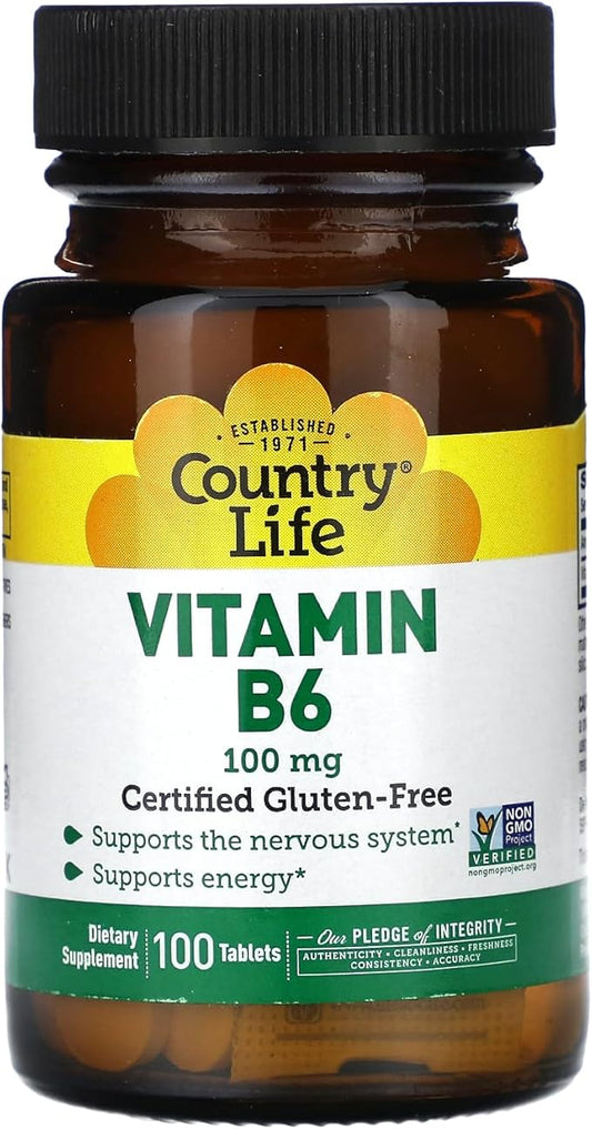 Country Life Vitamin B-6, Supports Energy and The Nervous System, 100mg, 100 Vegan Capsules, Certified Gluten Free, Certified Vegan, Certified Halal, Non-GMO Verified…