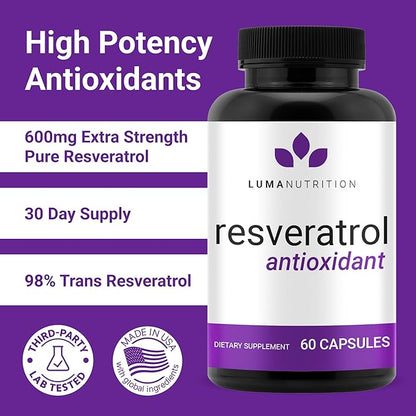 Luma Nutrition High Purity Resveratrol Supplement 1200mg Serving - 98% Trans-Resveratrol - Antioxidant - Vegan & Gluten-Free - 60 Capsules