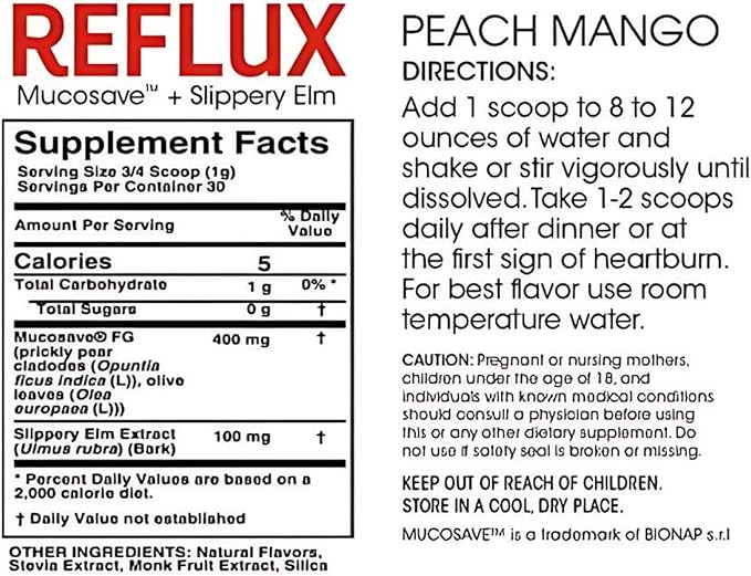 Reflux Digestive Supplement - Peach Mango Flavor - Each Tub = 30 Scoops = 30 Servings - Mucosal Support for Acid Issues - with Mucosave FG and Slippery Elm Bark (2 Tubs)