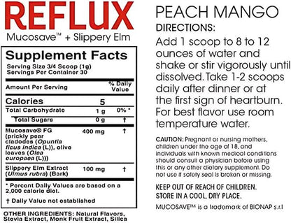 Reflux Digestive Supplement - Peach Mango Flavor - Each Tub = 30 Scoops = 30 Servings - Mucosal Support for Acid Issues - with Mucosave FG and Slippery Elm Bark (2 Tubs)