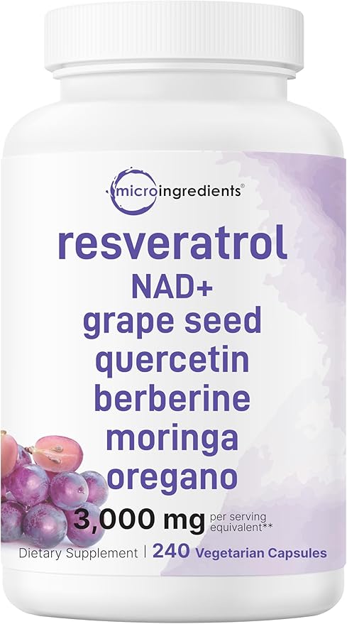 Micro Ingredients Resveratrol NAD + Supplement 3,000mg, 240 Veggie Capsules | 11-in-1 Antioxidant Blend of Grape Seed, Berberine, Quercetin, Moringa, & More | Immune, Heart, & Brain Support