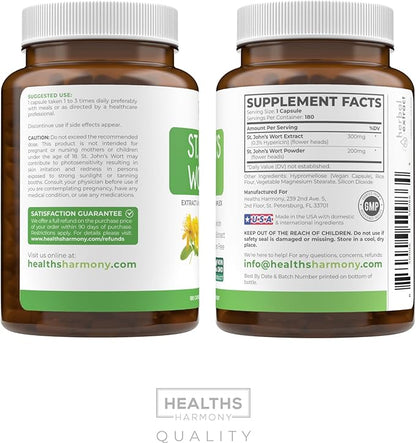 St. John's Wort - 180 Capsules (Non-GMO) Effective St Johns Wort Capsules - Powerful 900mcg Hypericin - Standardized Extract & Whole Herb Supplement - No Oil, Pills, Tea, Tincture - 500mg Per Capsule