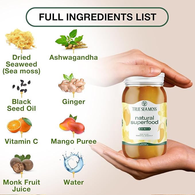 TrueSeaMoss Wildcrafted Irish Sea Moss Gel with Ashwagandha- Made with Seamoss - Vegan-Friendly - Supports Health, Made in USA from Fresh Sea Vegetables (5 in 1, Pack of 3)