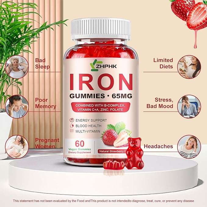 Iron Supplement Gummies, 65mg Iron and 250mg Vitamin C for Women Men Kids, Natural Vegan Iron Gummy with Vitamin A, B-Complex, Biotin, Zinc & Folate Energy Support & Immune Health, 60 Gummies