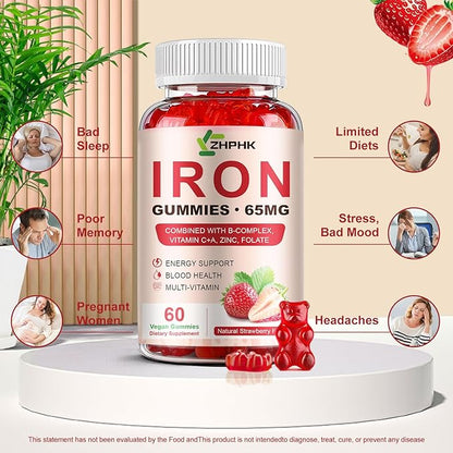 Iron Supplement Gummies, 65mg Iron and 250mg Vitamin C for Women Men Kids, Natural Vegan Iron Gummy with Vitamin A, B-Complex, Biotin, Zinc & Folate Energy Support & Immune Health, 60 Gummies