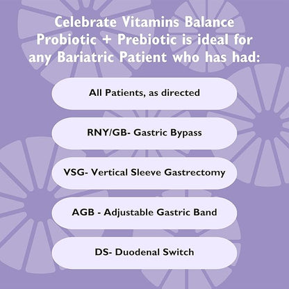 Celebrate Vitamins Balance Probiotic + Prebiotic - Post Bariatric Surgery Daily Supplement for Women & Men, 28.5 Billion CFU - Supports Digestive & Immune Health, Gluten Free (30 Capsules)