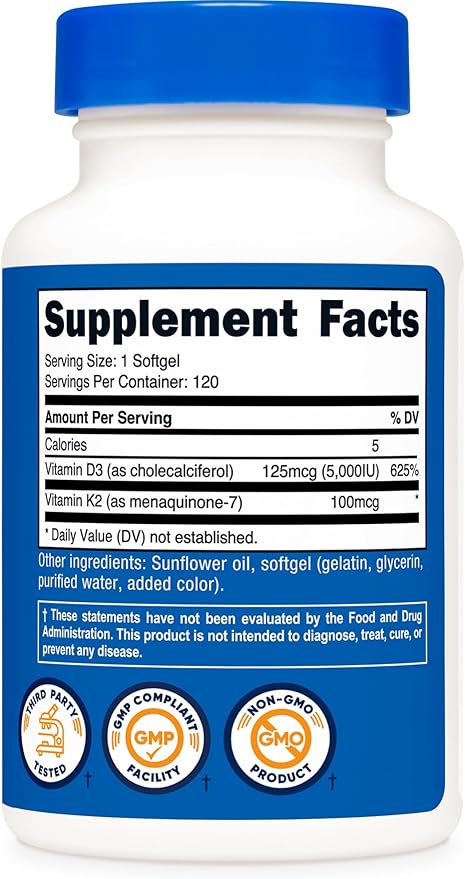 Nutricost Vitamin K2 (MK7) (100mcg) + Vitamin D3 (5000 IU) 120 Softgels - Gluten Free and Non-GMO