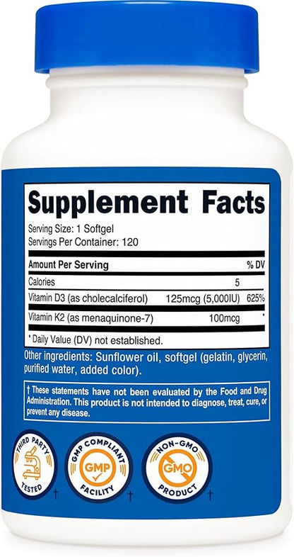Nutricost Vitamin K2 (MK7) (100mcg) + Vitamin D3 (5000 IU) 120 Softgels - Gluten Free and Non-GMO