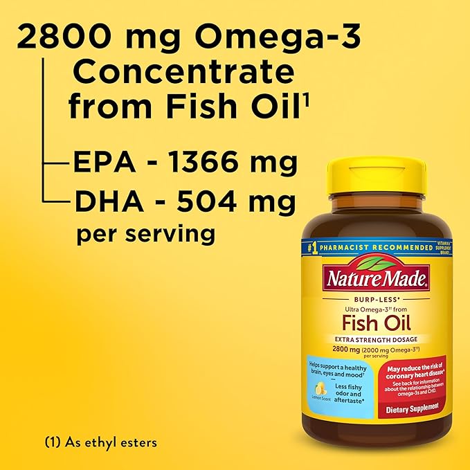Nature Made Extra Strength Omega 3 Fish Oil Supplements, 2800mg, Fish Oil Omega 3 Supplements as Ethyl Esters for Healthy Heart, Brain, Eyes, Mood Support, 60 Softgels, 30 Day Supply