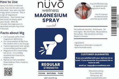 Magnesium Oil Spray - Unscented Regular Strength - 2 x 8oz - Huile de Magnésium - Product of Canada 237 ml x 2