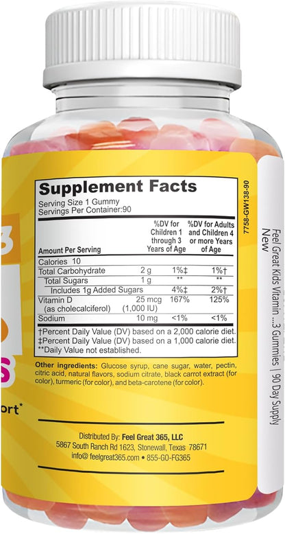 Feel Great Kids Vitamin D3 1000 IU Gummies | Kids Vitamin D Gummies for Healthy Bones, Mood, & Immune Support | Citrus Flavored Vegetarian D3 Gummies | 90 Day Supply