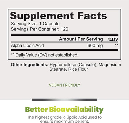 Simply Natures Pure Alpha Lipoic Acid 600mg 360 Veggie Capsules, Non-GMO Thioctic Acid 12 Month Supply