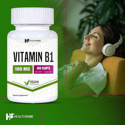 Vitamin B1 100mg | 60 Capsules | Thiamine Supplement | Supports Overall Health | Non-GMO | Gluten Free (60 Capsules)